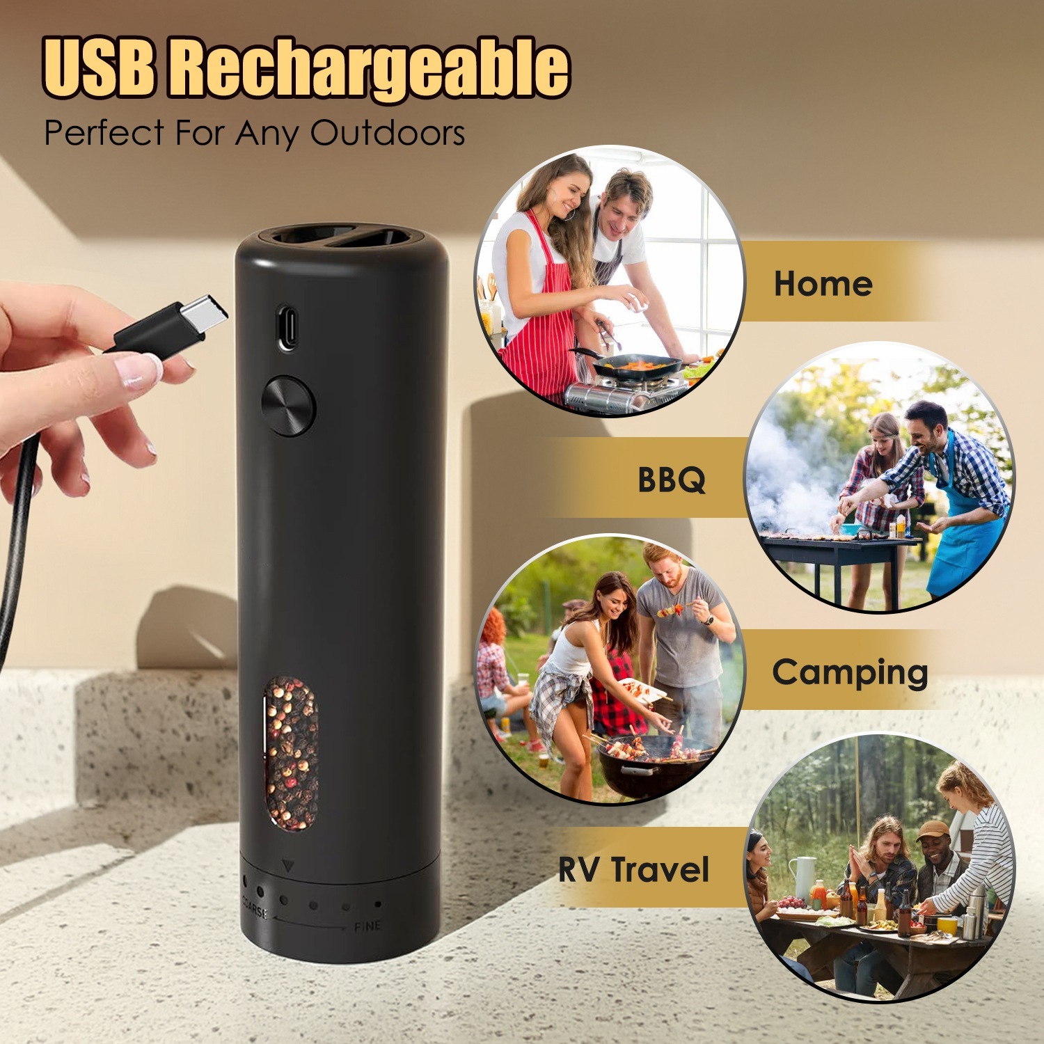 1Pc Electric Pepper Grinder USB Rechargeable Pepper Mill Automatic Salt Grinder With 6 Adjustable Coarseness LED Light 110ML Container One Hand Operation For Kitchen Essential - Image 5