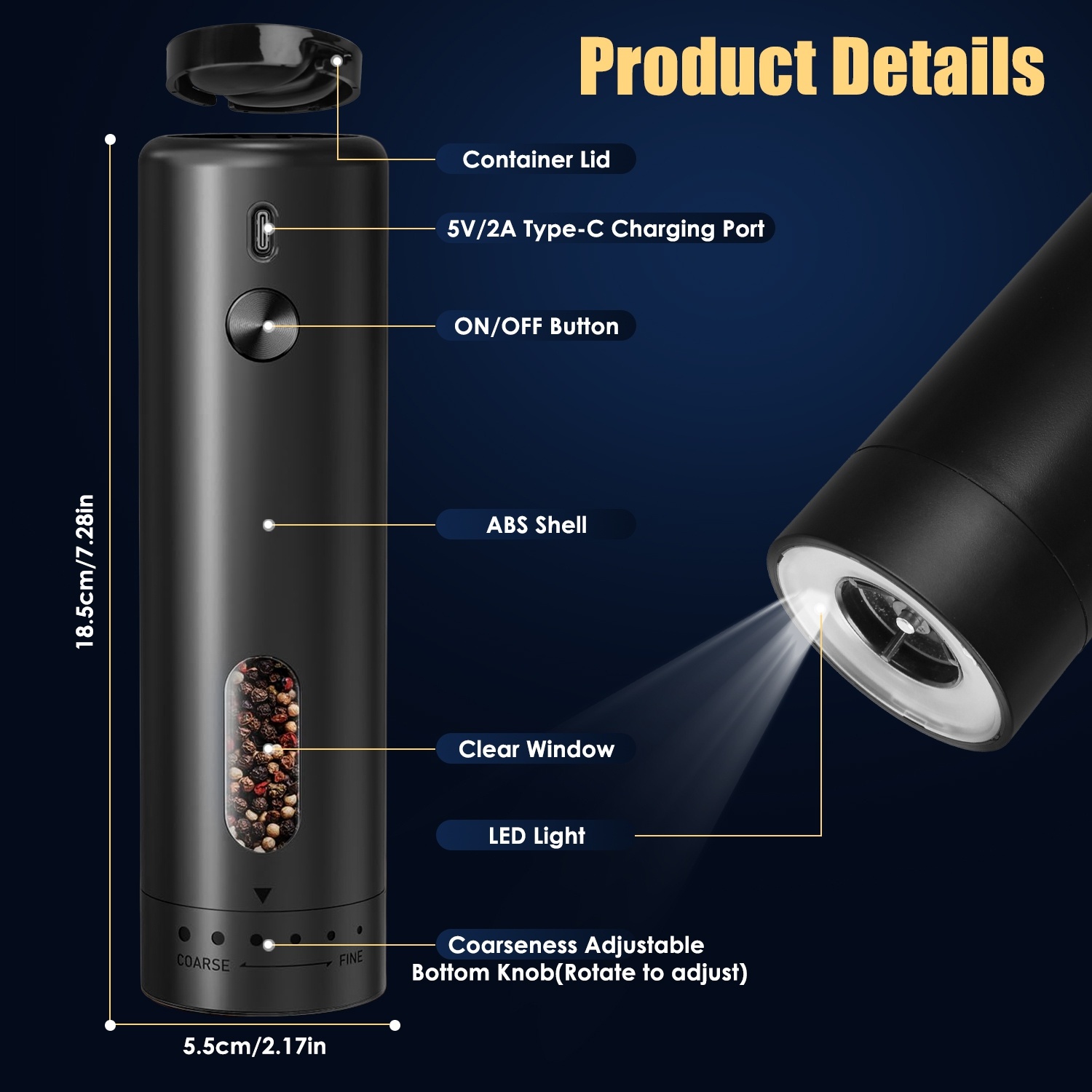 1Pc Electric Pepper Grinder USB Rechargeable Pepper Mill Automatic Salt Grinder With 6 Adjustable Coarseness LED Light 110ML Container One Hand Operation For Kitchen Essential - Image 2