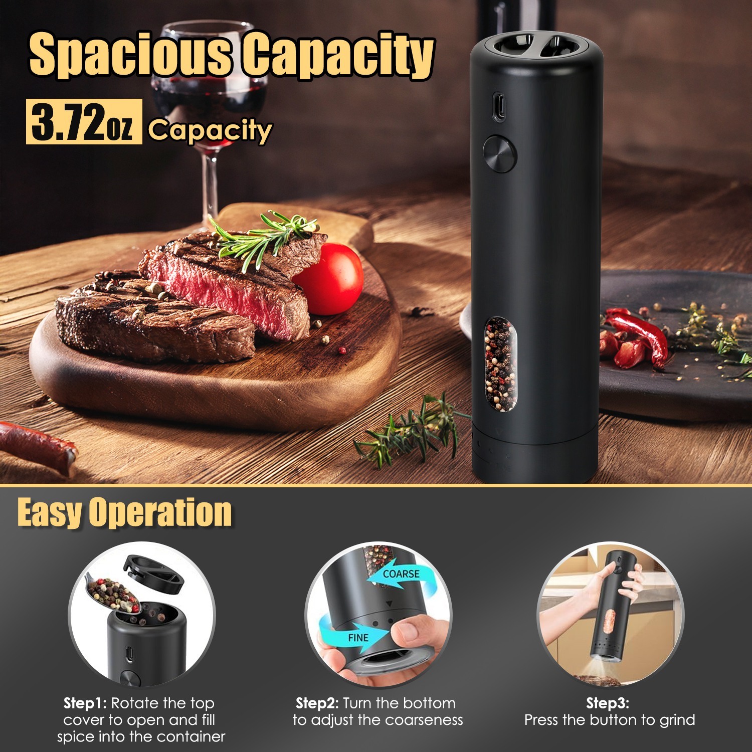 1Pc Electric Pepper Grinder USB Rechargeable Pepper Mill Automatic Salt Grinder With 6 Adjustable Coarseness LED Light 110ML Container One Hand Operation For Kitchen Essential - Image 3