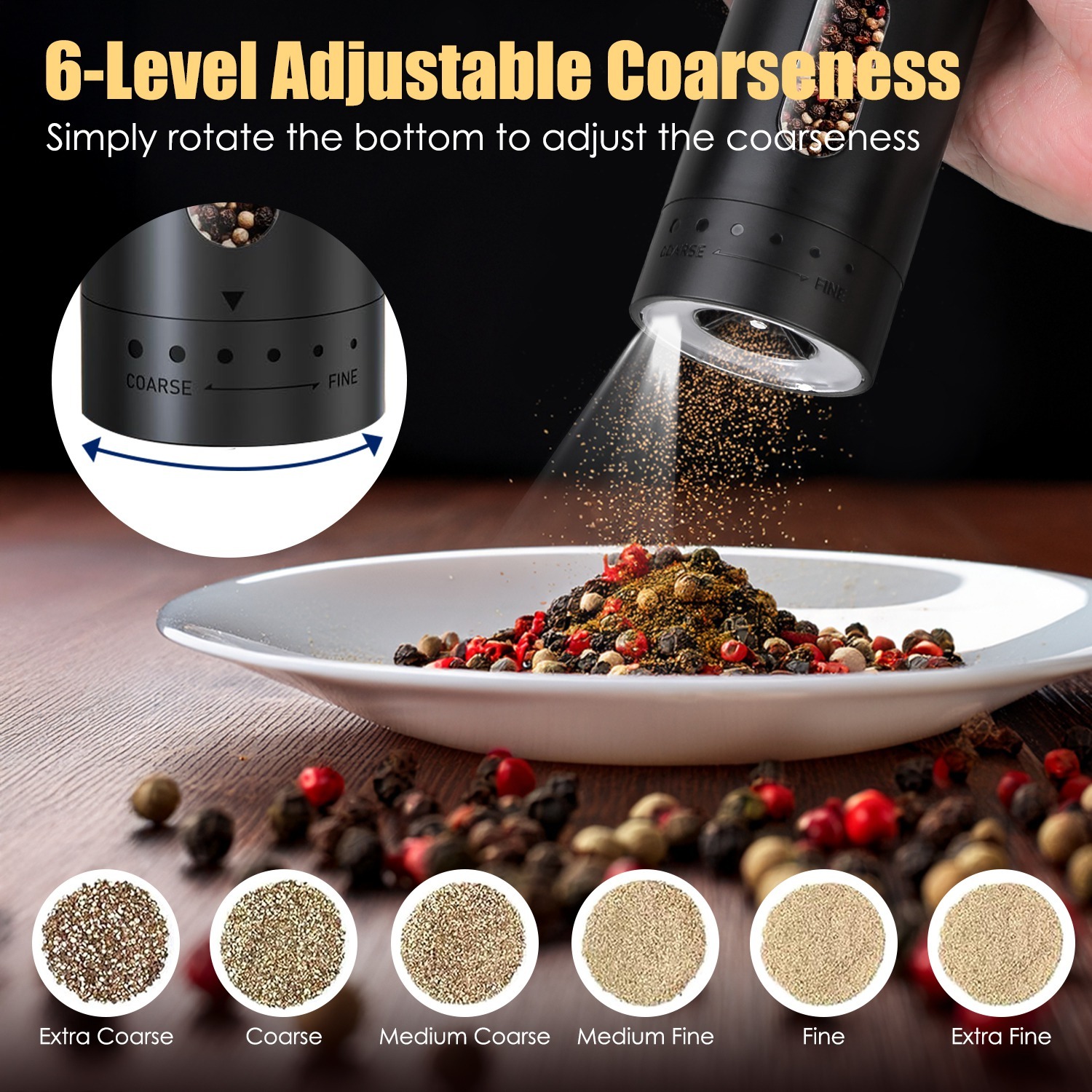1Pc Electric Pepper Grinder USB Rechargeable Pepper Mill Automatic Salt Grinder With 6 Adjustable Coarseness LED Light 110ML Container One Hand Operation For Kitchen Essential - Image 9